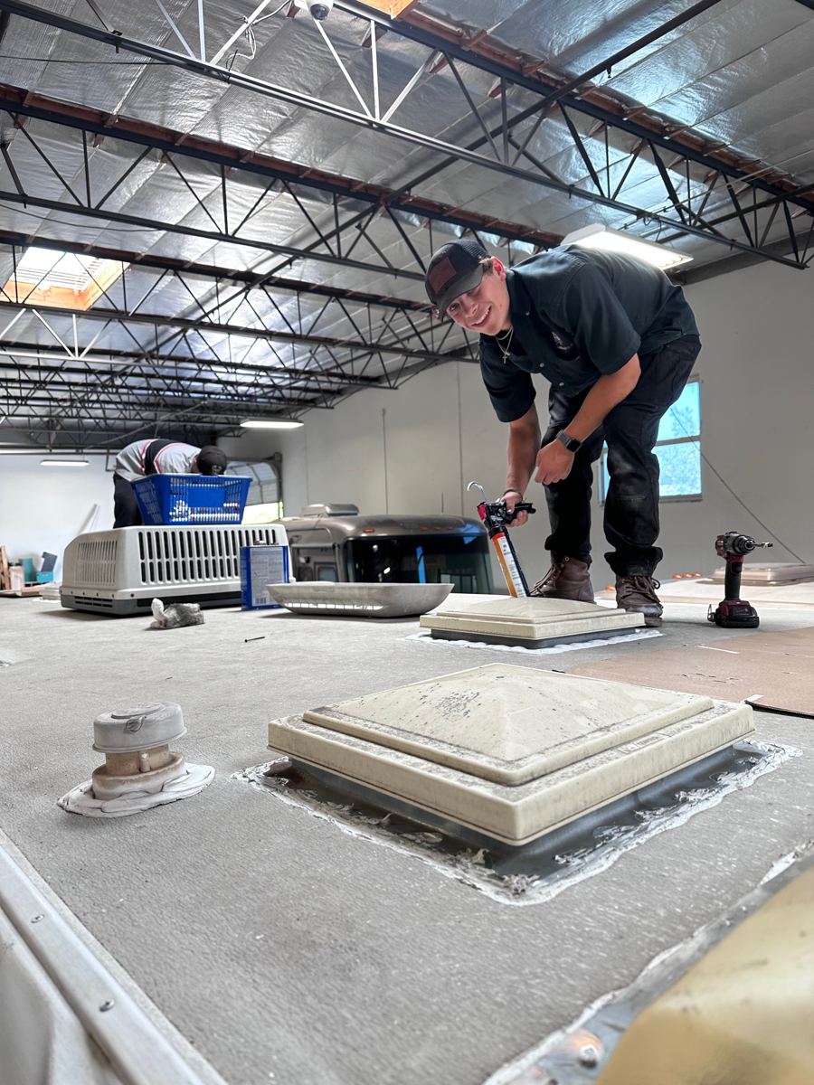 RV roof coating and repair in progress